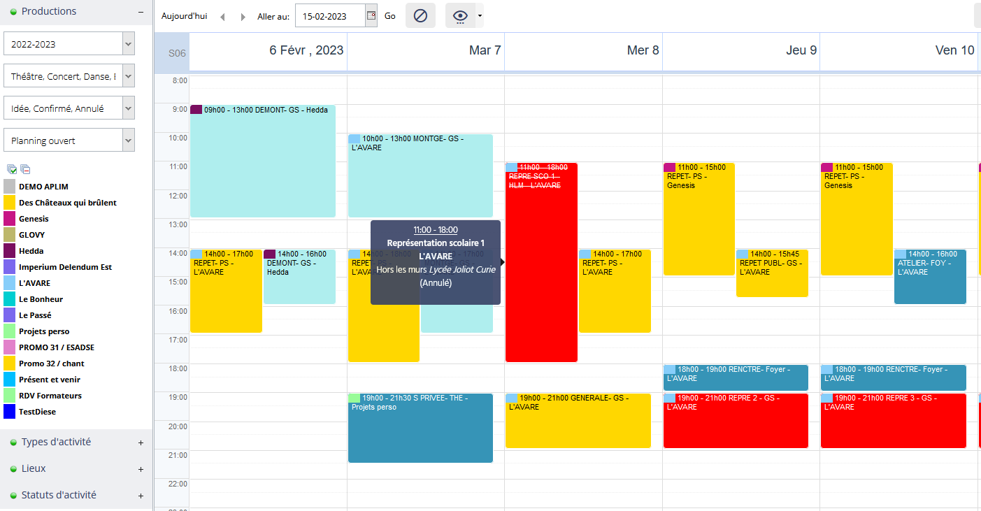 Planning venue management calendar view Diese