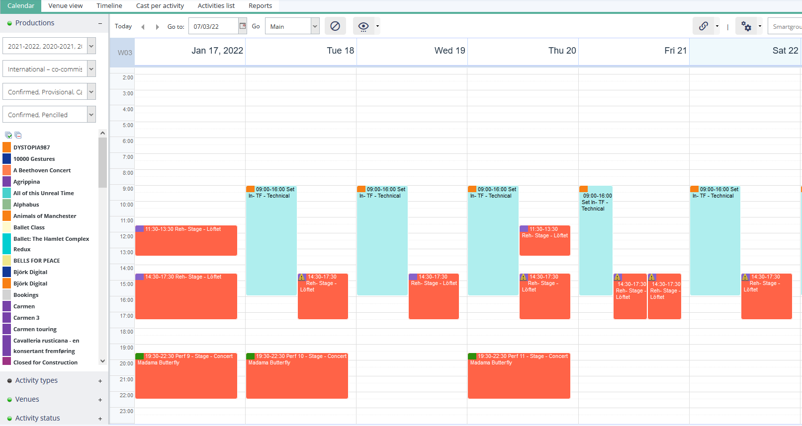 Planning venue management calendar view Diese