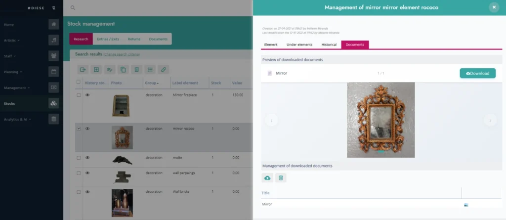 diese feature inventory element management