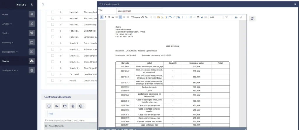 diese feature inventory loan contract