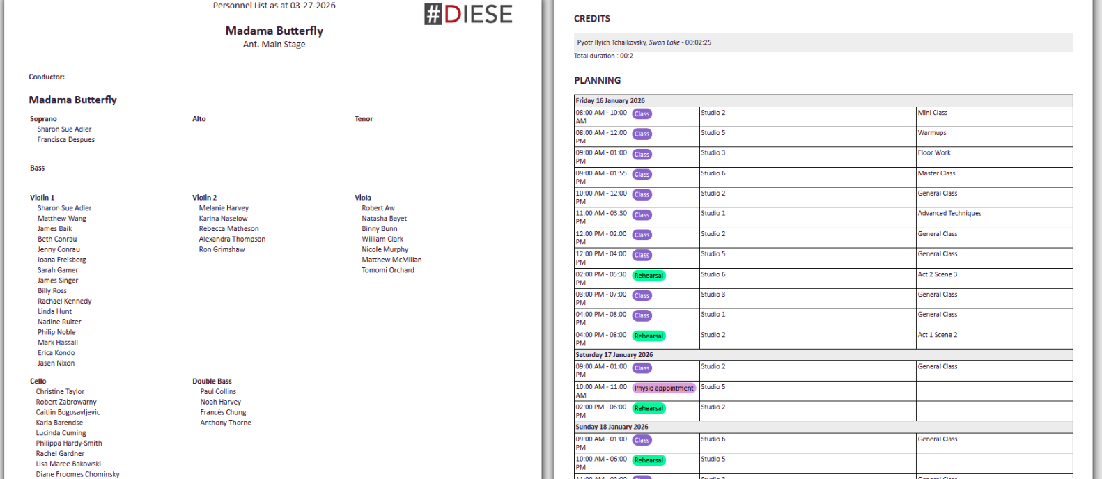 diese deature artistic contract tour plan