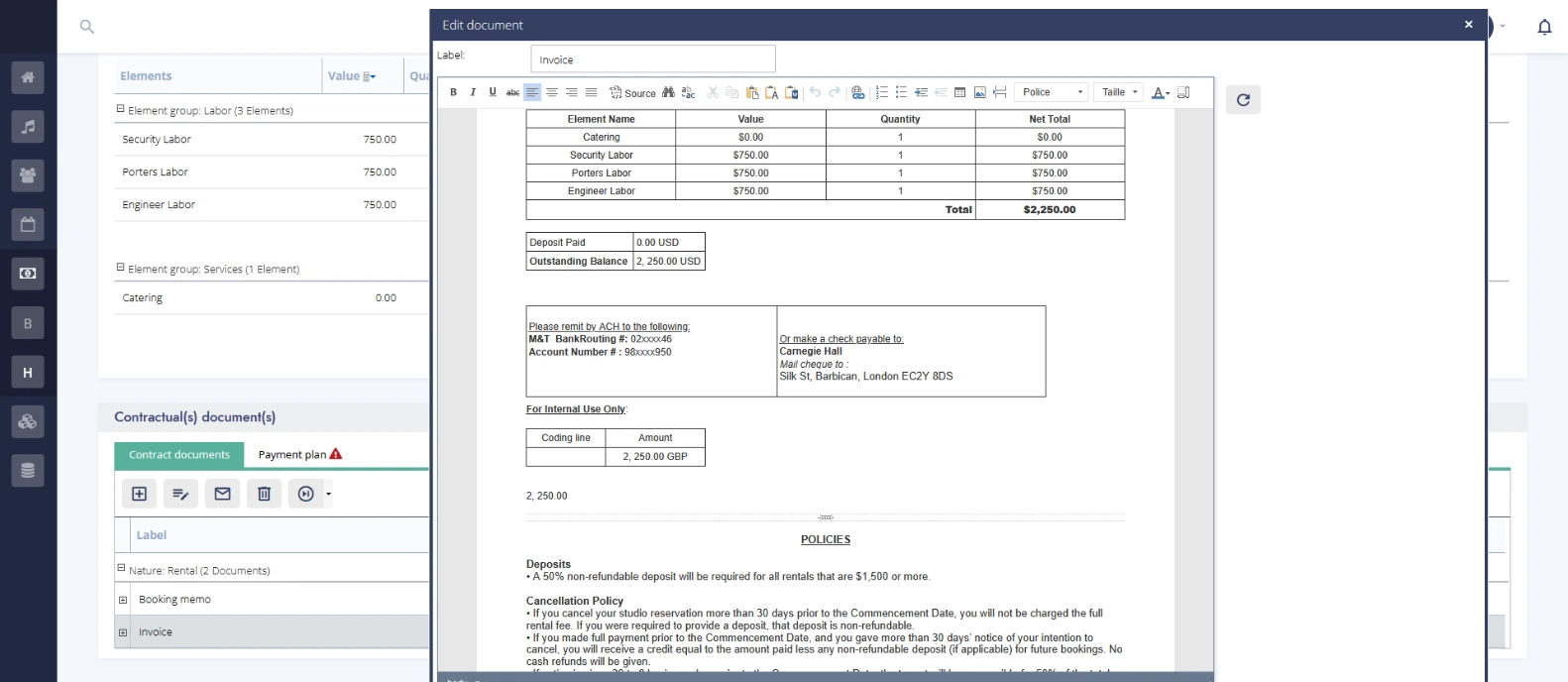 diese feature event management invoice